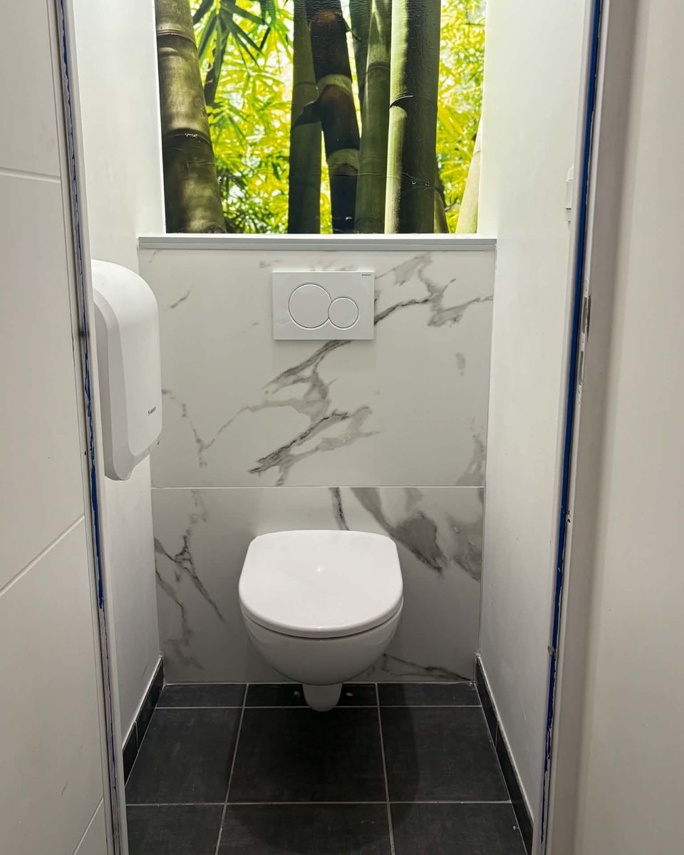 Le même WC terminé : carreaux effet marbre et plaque de commande